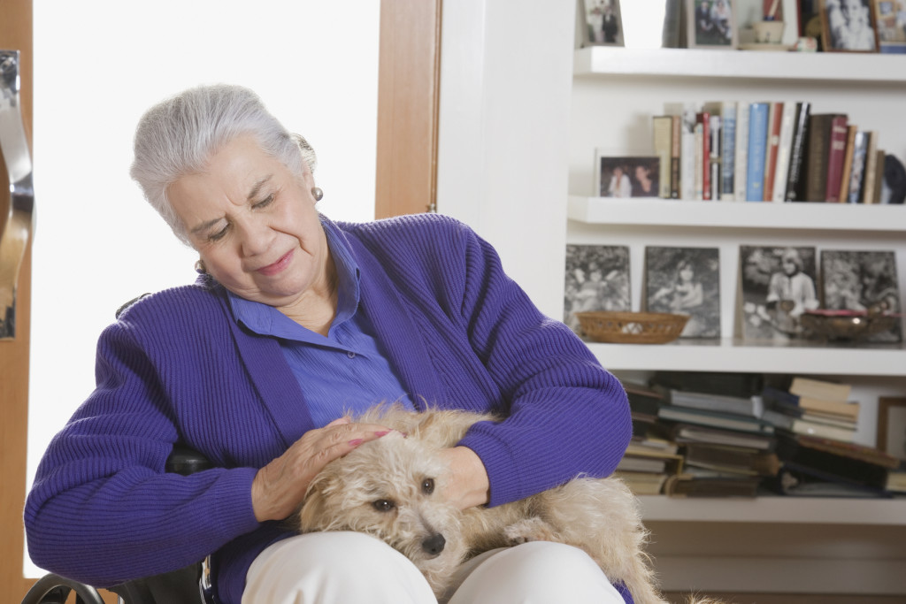 Senior Hispanic woman petting dog